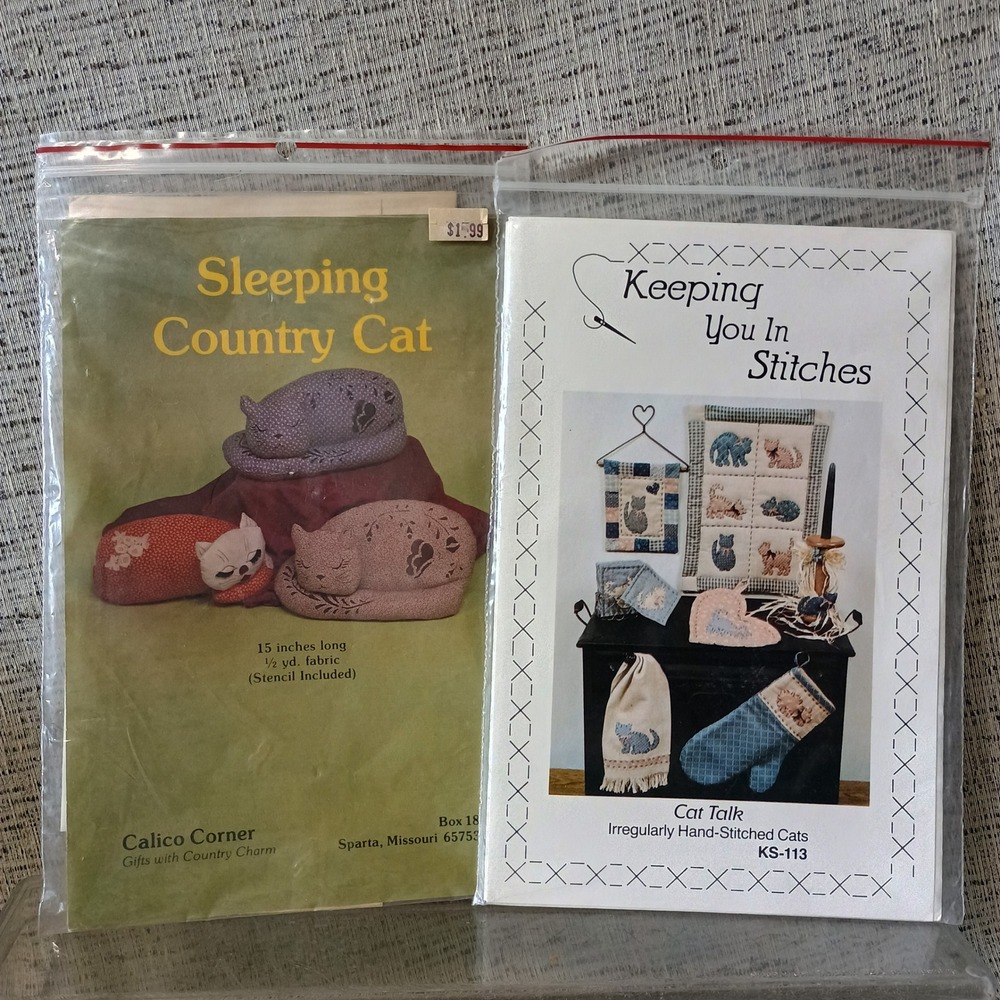 Vintage 80s Cat Sewing Pattern Lot Sleeping Country Cat & Cat Talk Quilt Mitts